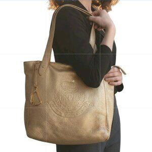 Lauren Ralph Lauren Gold Leather Tote Bag Crest Pattern Embossed w Logo Charm